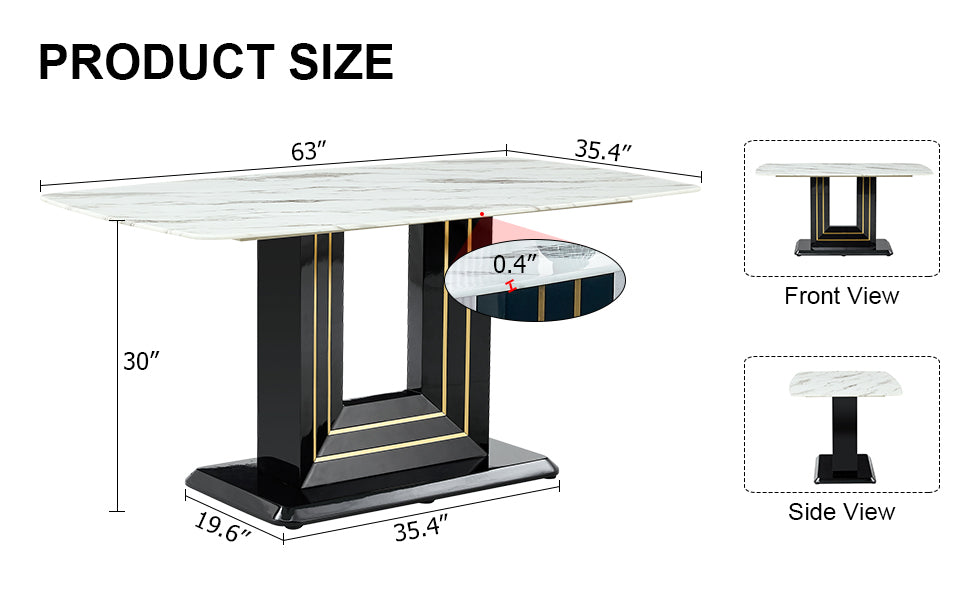 Dining Table. White Imitation Marble Pattern Desktop. Black Mdf Table Legs With Gold Lines And Black Base. Suitable For Kitchen Living Roomf Sq White Glass