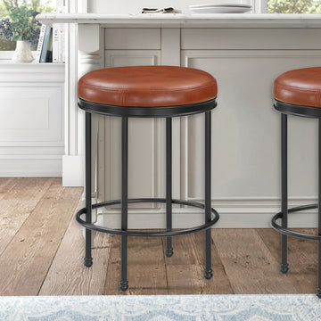 Michael Caramel Faux Leather And Metal Backless Counter Height Stool Caramel Foam Solid Wood