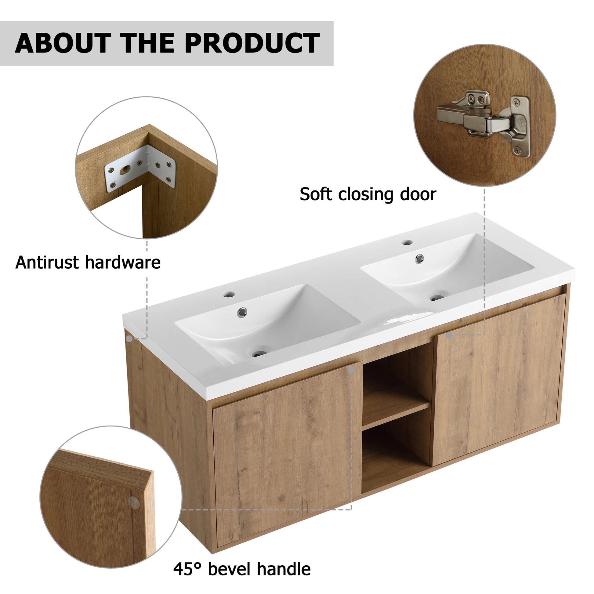 48" Wall Mounted Bathroom Vanity With Double Sink imitative oak-2-bathroom-wall