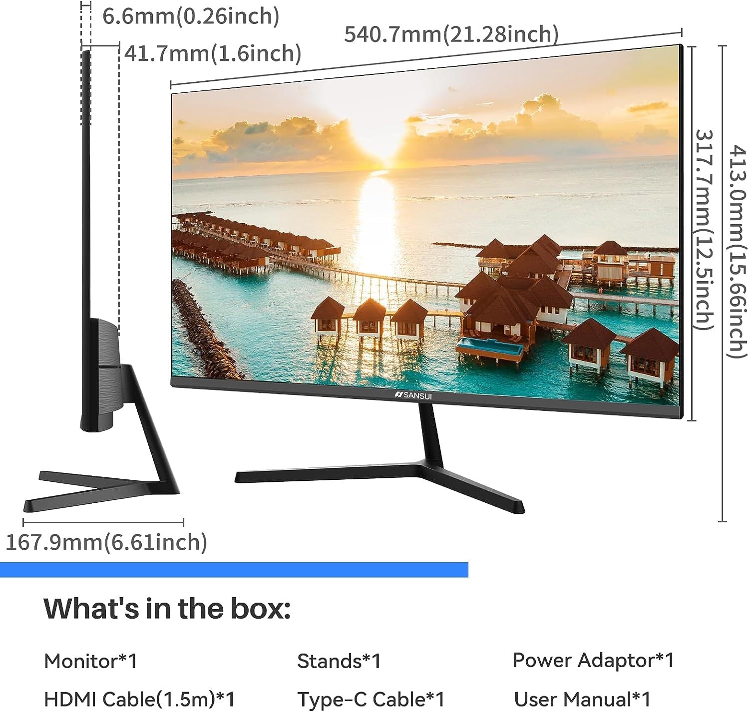 Sansui Monitor 24 Inch Fhd Pc Monitor With Usb Type C, Built In Speakers Earphone, Ultra Slim Ergonomic Tilt Eye Care 75Hz With Hdmi Vga For Home Office Es 24F1 Type C Cable & Hdmi Cable Included Black Pvc