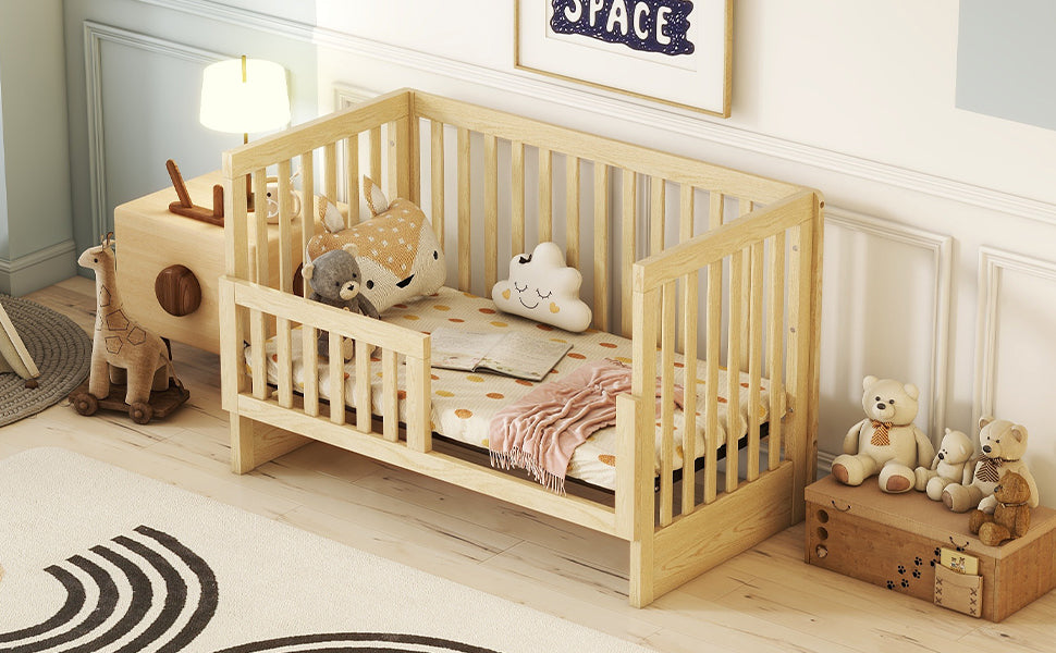 Convertible Crib Full Size Bed With Changing Table, Natural Natural Solid Wood