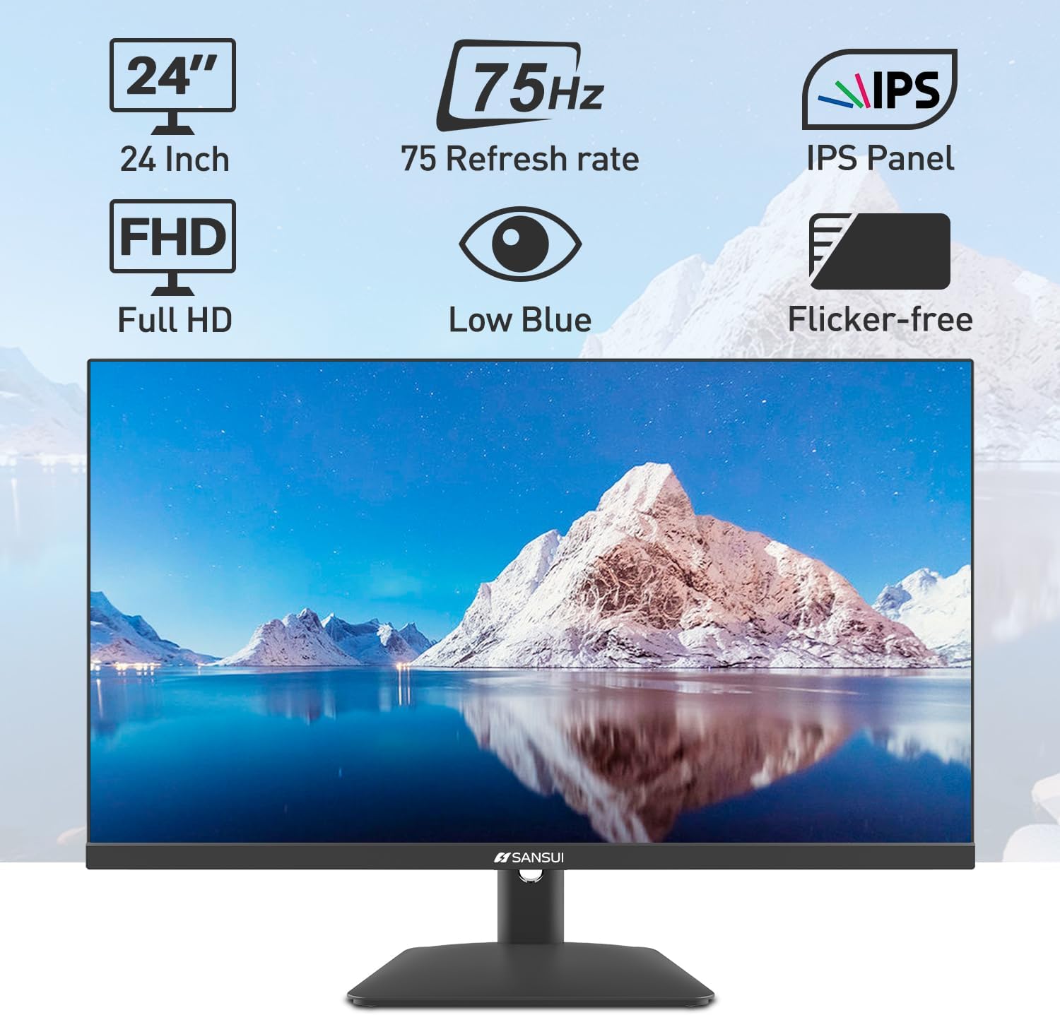 Sansui Monitor 24 Inch Ips Fhd 1080P 75Hz Hdr10 Computer Monitor With Hdmi,Vga,Dp Ports Frameless Eye Care Ergonomic Tilt Speakers Built In Es 24X5A Hdmi Cable Included Black Pvc