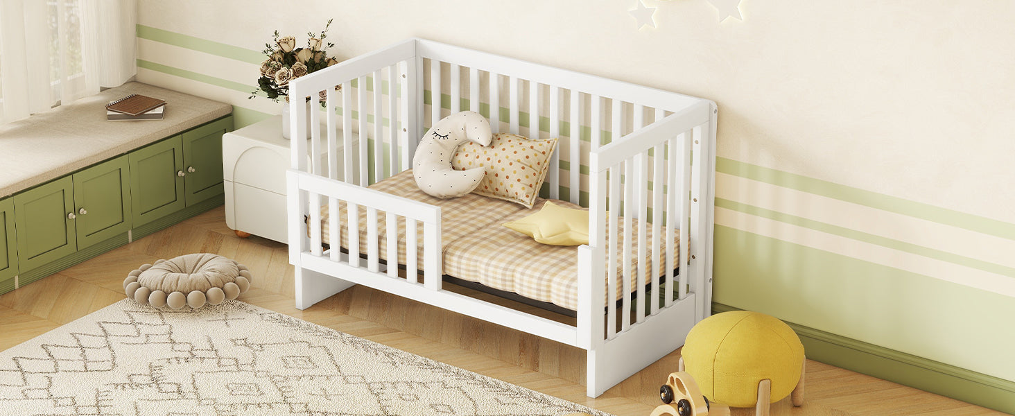 Convertible Crib Full Size Bed With Changing Table, White White Solid Wood