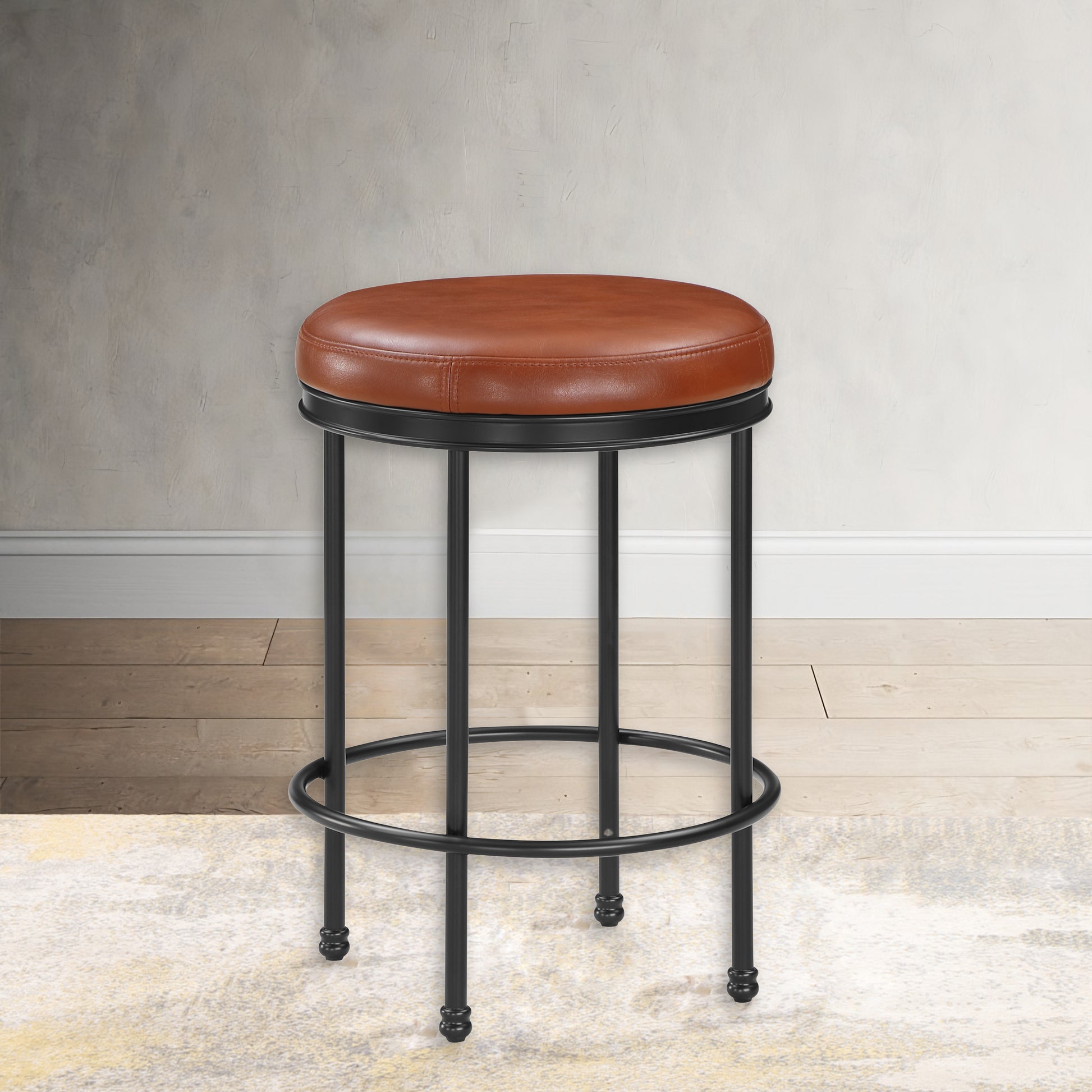 Michael Caramel Faux Leather And Metal Backless Counter Height Stool Caramel Foam Solid Wood