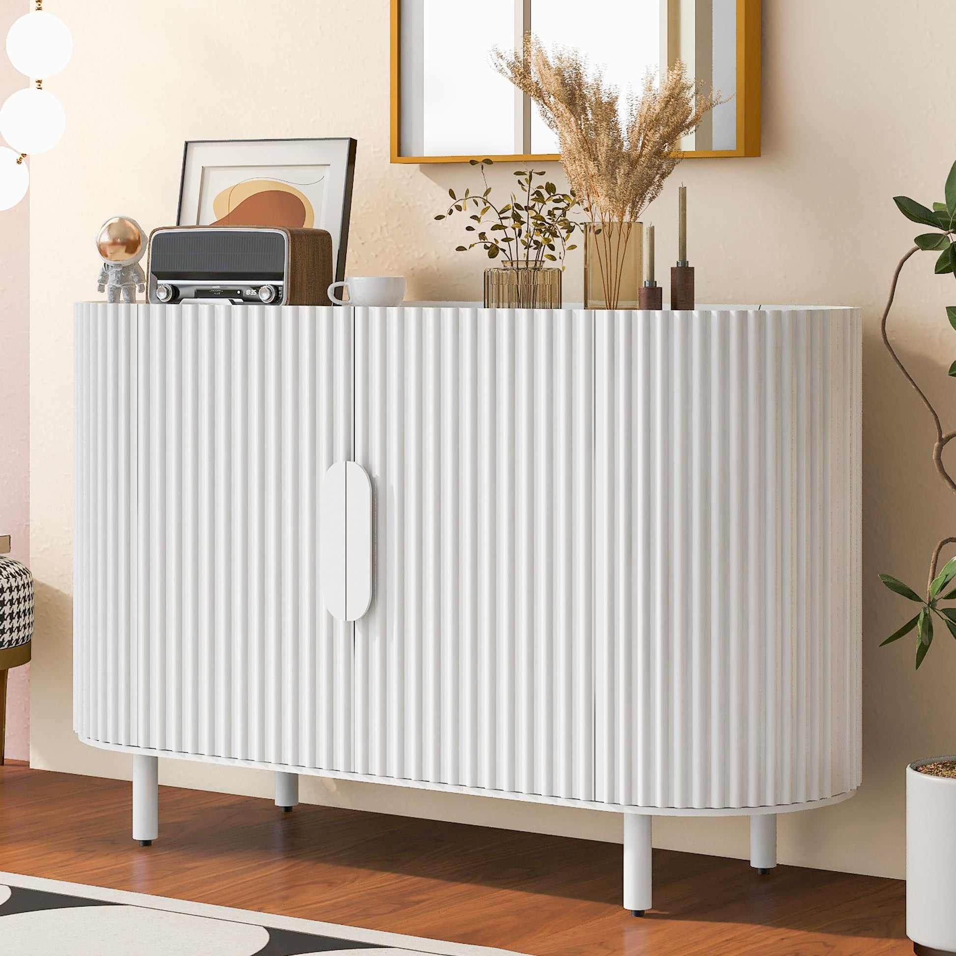 Curved Design Light Luxury Sideboard With Adjustable Shelves,Suitable For Living Room,Study And Entrance White Mdf