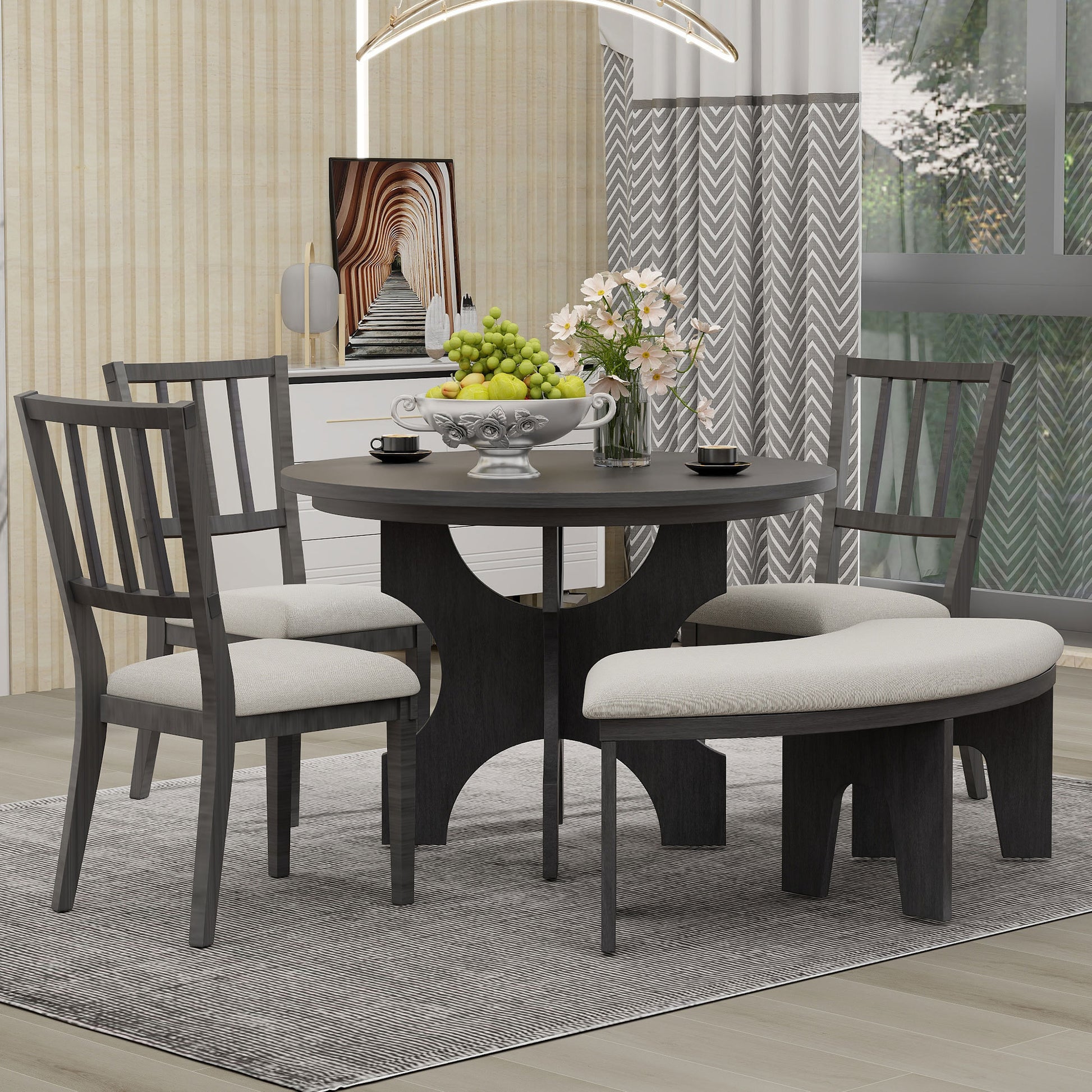 5 Piece Dining Table Set, 44" Round Dining Table With Curved Bench & Side Chairs For 4 5 People For Dining Room And Kitchen Grey Wood Dining Room Distressed Finish Rubberwood Round Dining Table With Chair And Bench Upholstered Chair Wood Grey Slat Back