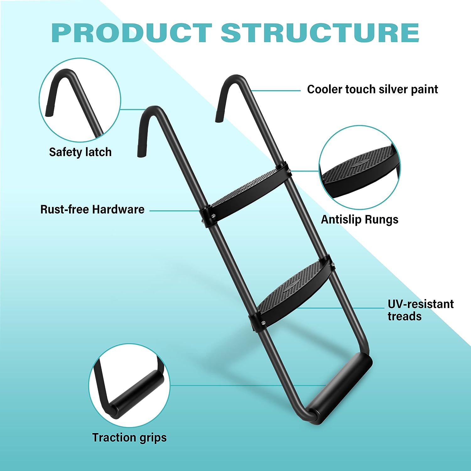 Simple Deluxe Trampoline Ladder With Horizontal Wide Steps Skid Proof Steps Simple Deluxe 12Ft 14Ft Trampoline Stairs Accessories, Universal Hook Uv Treated Steel 220 Lbs, Trampoline Parts Black Black Stainless Steel