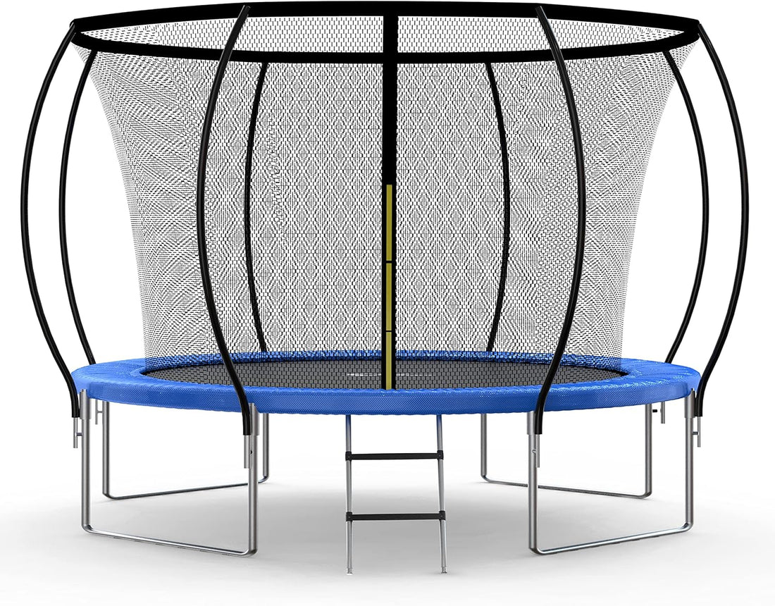 Simple Deluxe Recreational Trampoline With Enclosure Net 12Ft Wind Stakes Outdoor Trampoline For Kids And Adults Family Happy Time, Astm Approved Blue 12Ft Black Polypropylene