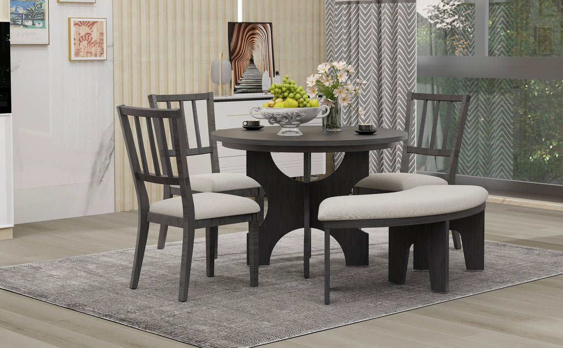 5 Piece Dining Table Set, 44" Round Dining Table With Curved Bench & Side Chairs For 4 5 People For Dining Room And Kitchen Grey Wood Dining Room Distressed Finish Rubberwood Round Dining Table With Chair And Bench Upholstered Chair Wood Grey Slat Back