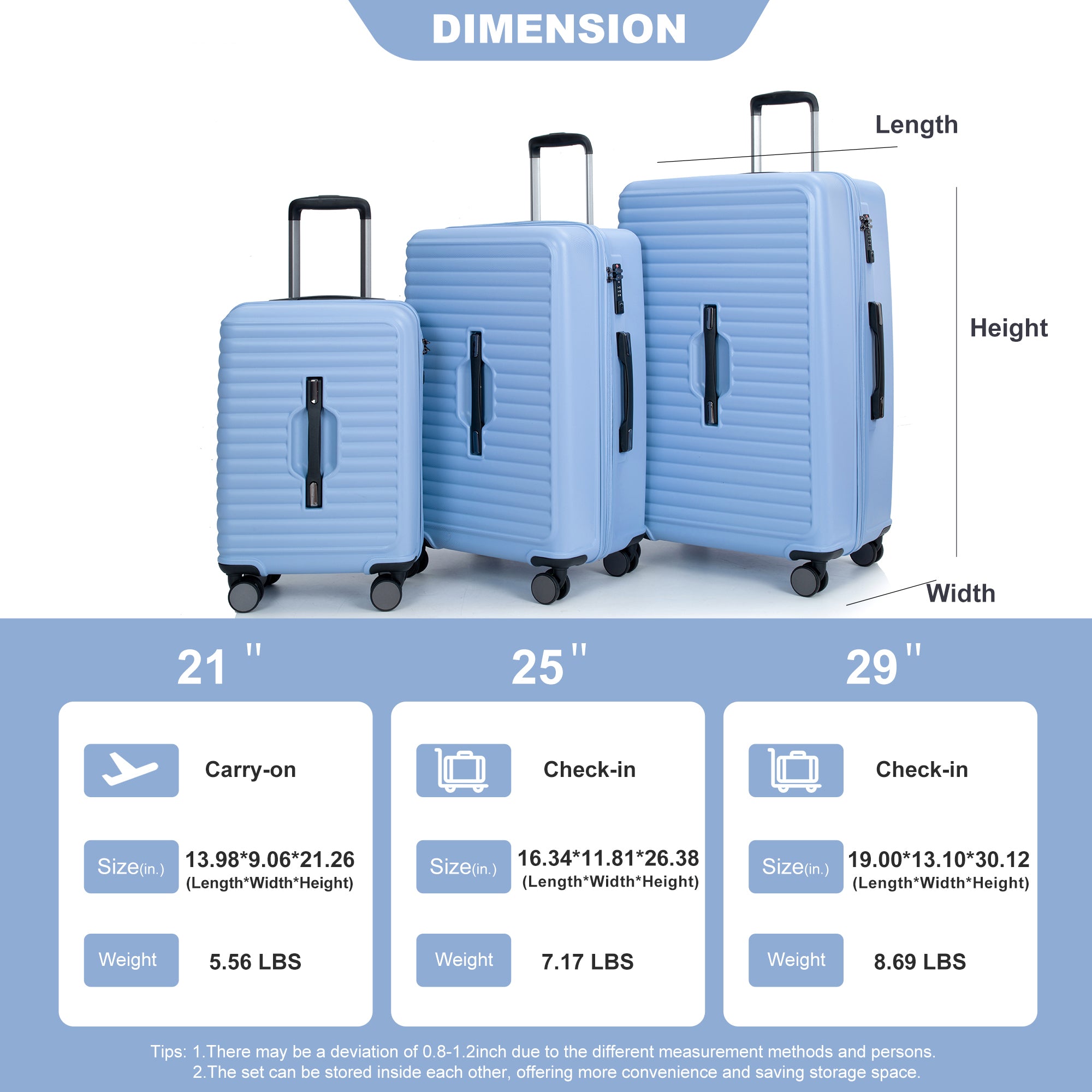 3 Piece Luggage Sets PC ABS Lightweight Suitcase with light blue-abs+pc