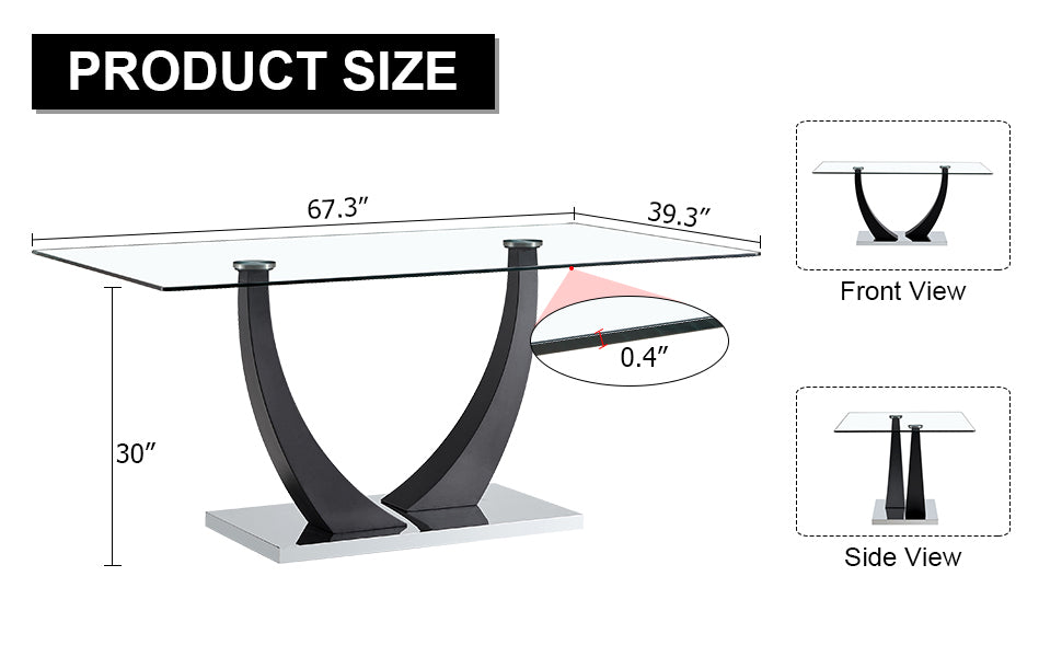 Table And Chair Set. Modern Rectangular Tempered Glass Tabletop, Black Metal Bracket Dining Table, 4 Modern Pu Artificial Leather High Backrest Soft Cushioned Dining Chairs, C Shaped Tube Metal Leg White Seats 4 Glass