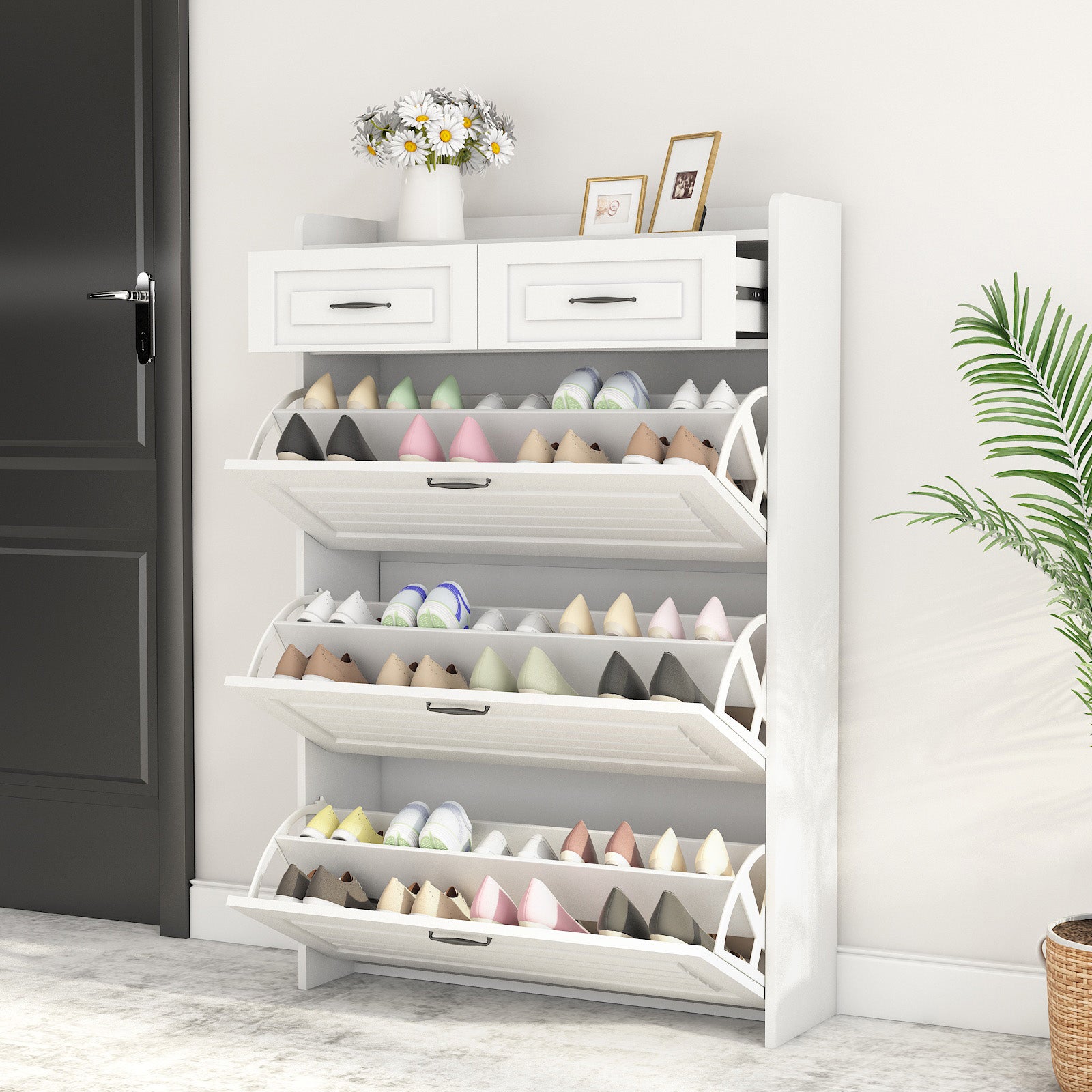 1250 White Color Shoe Cabinet With 3 Doors 2 Drawers,Pvc Door With Shape ,Large Space For Storage White Particle Board Mdf