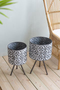 Set Of 2 Metal Planter Stand,Round Galvanized Grey Farmhouse Planter Gray Iron