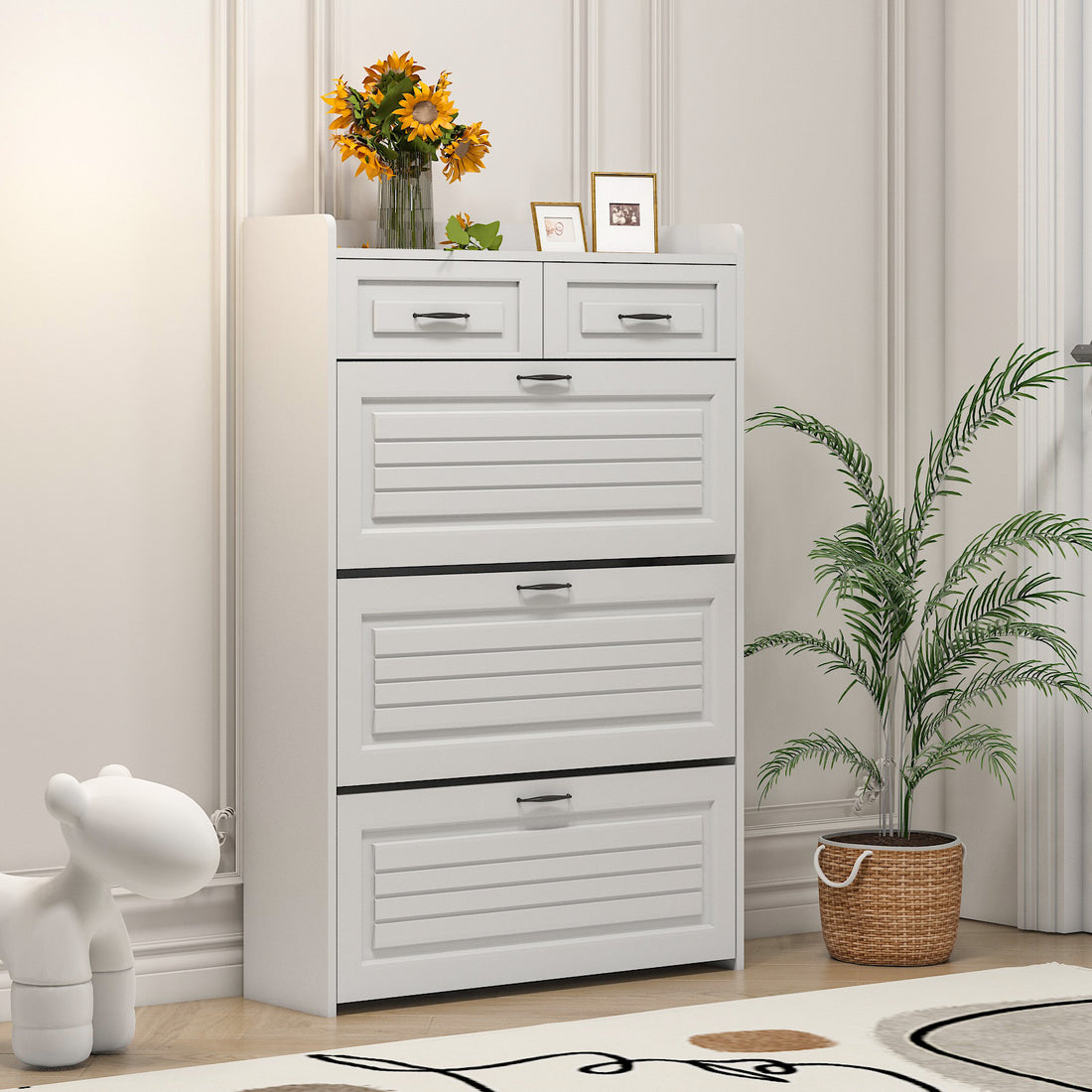 1250 White Color Shoe Cabinet With 3 Doors 2 Drawers,Pvc Door With Shape ,Large Space For Storage White Particle Board Mdf