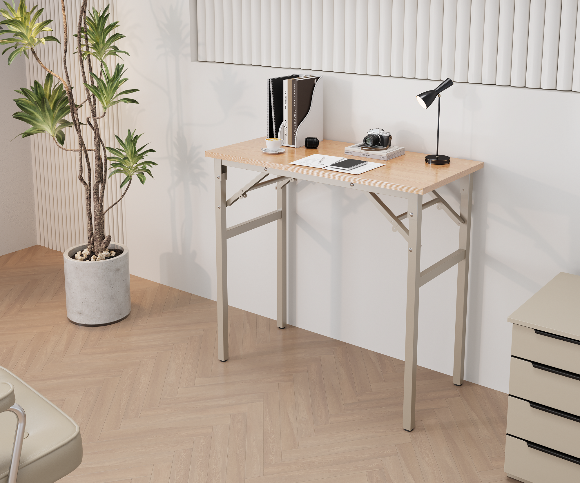 Folding table desk 31.5x15.7 inches computer beige-mdf+steel