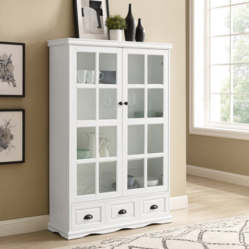 Storage Cabinet With Tempered Glass Doors Curio Cabinet With Adjustable Shelf Display Cabinet With Triple Drawers,White White Mdf