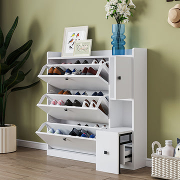 Versatile Shoe Cabinet With 3 Flip Drawers, Maximum Storage Entryway Organizer With Drawer, Free Standing Shoe Rack With Pull Down Seat For Hallway, White Freestanding 3 4 Drawers White Primary Living Space Adjustable Shelves Particle Board