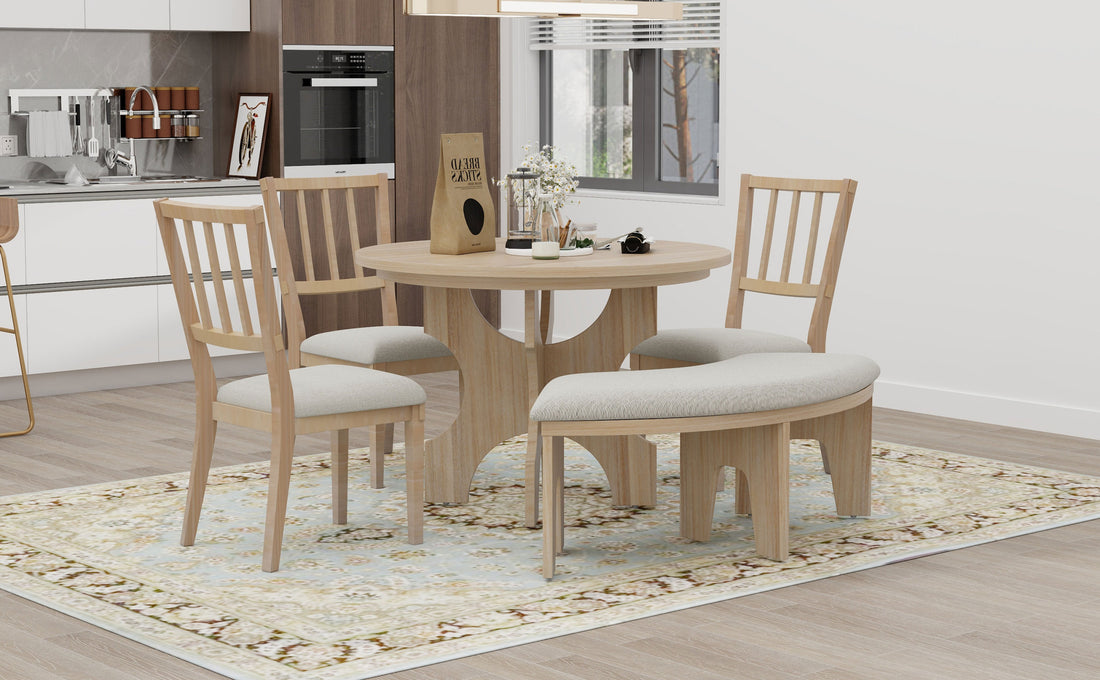 5 Piece Dining Table Set, 44" Round Dining Table With Curved Bench & Side Chairs For 4 5 People For Dining Room And Kitchen Natural Wood Wash Wood Dining Room Distressed Finish Rubberwood Round Dining Table With Chair And Bench Upholstered Chair Wood