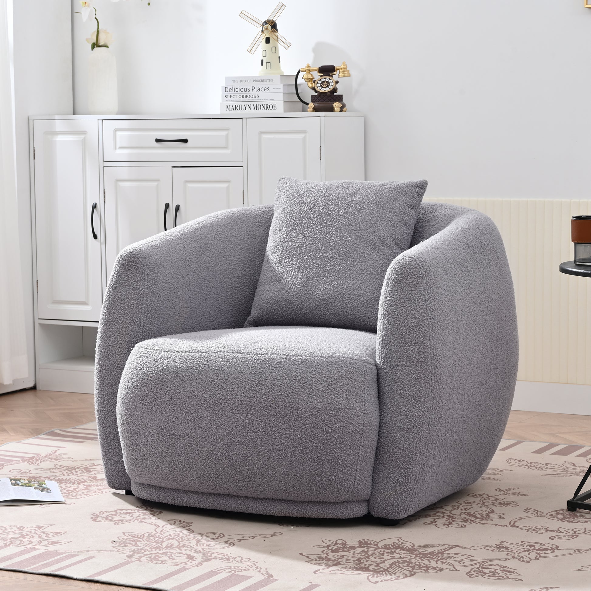 Upholstered Chair,Modern Arm Chair For Living Room And Bedroom,With 1 Pillow Grey Polyester