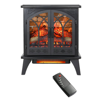 24 Inch 3D Flame Electric Infrared Quartz Fireplace Stove With Remote Control Powder Coated Electric Yes Antique Black Vent Free Yes Freestanding Tempered Glass Sheet Metal Electric