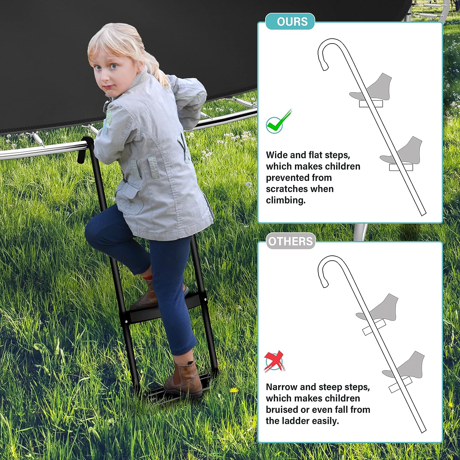 Simple Deluxe Trampoline Ladder With Horizontal Wide Steps Skid Proof Steps Simple Deluxe 12Ft 14Ft Trampoline Stairs Accessories, Universal Hook Uv Treated Steel 220 Lbs, Trampoline Parts Black Black Stainless Steel