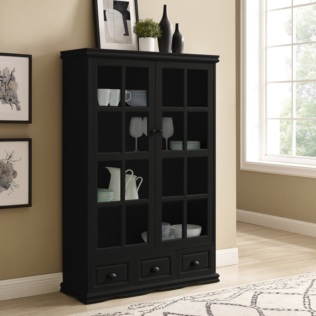 Storage Cabinet With Tempered Glass Doors Curio Cabinet With Adjustable Shelf Display Cabinet With Triple Drawers,Black Black Mdf