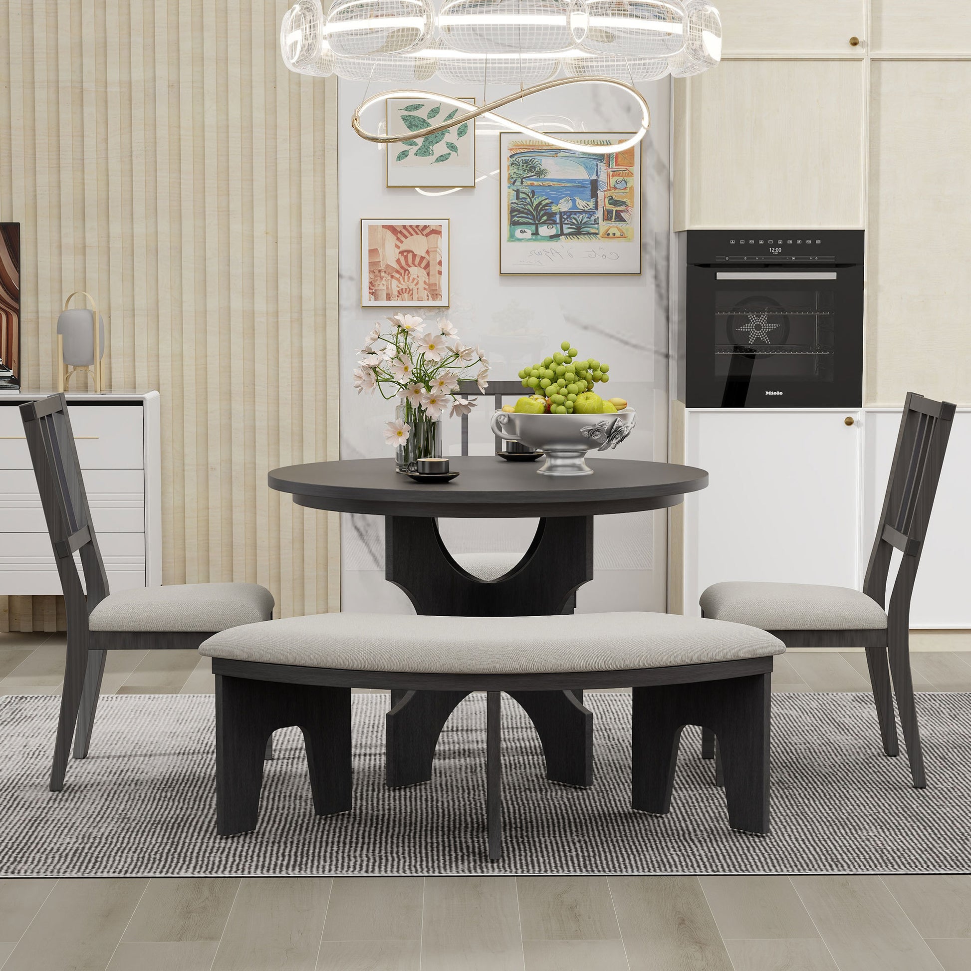 5 Piece Dining Table Set, 44" Round Dining Table With Curved Bench & Side Chairs For 4 5 People For Dining Room And Kitchen Grey Wood Dining Room Distressed Finish Rubberwood Round Dining Table With Chair And Bench Upholstered Chair Wood Grey Slat Back