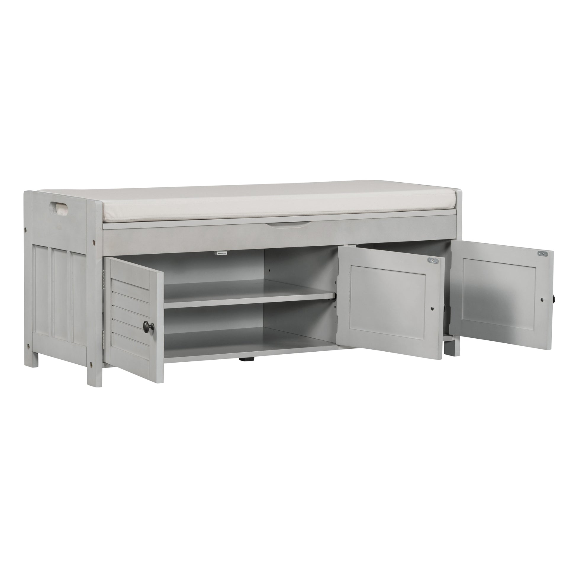 Storage Bench With 3 Shutter Shaped Doors, Shoe Bench With Removable Cushion And Hidden Storage Space Gray Wash, Old Sku: Wf284226Aae Gray Wash Mdf