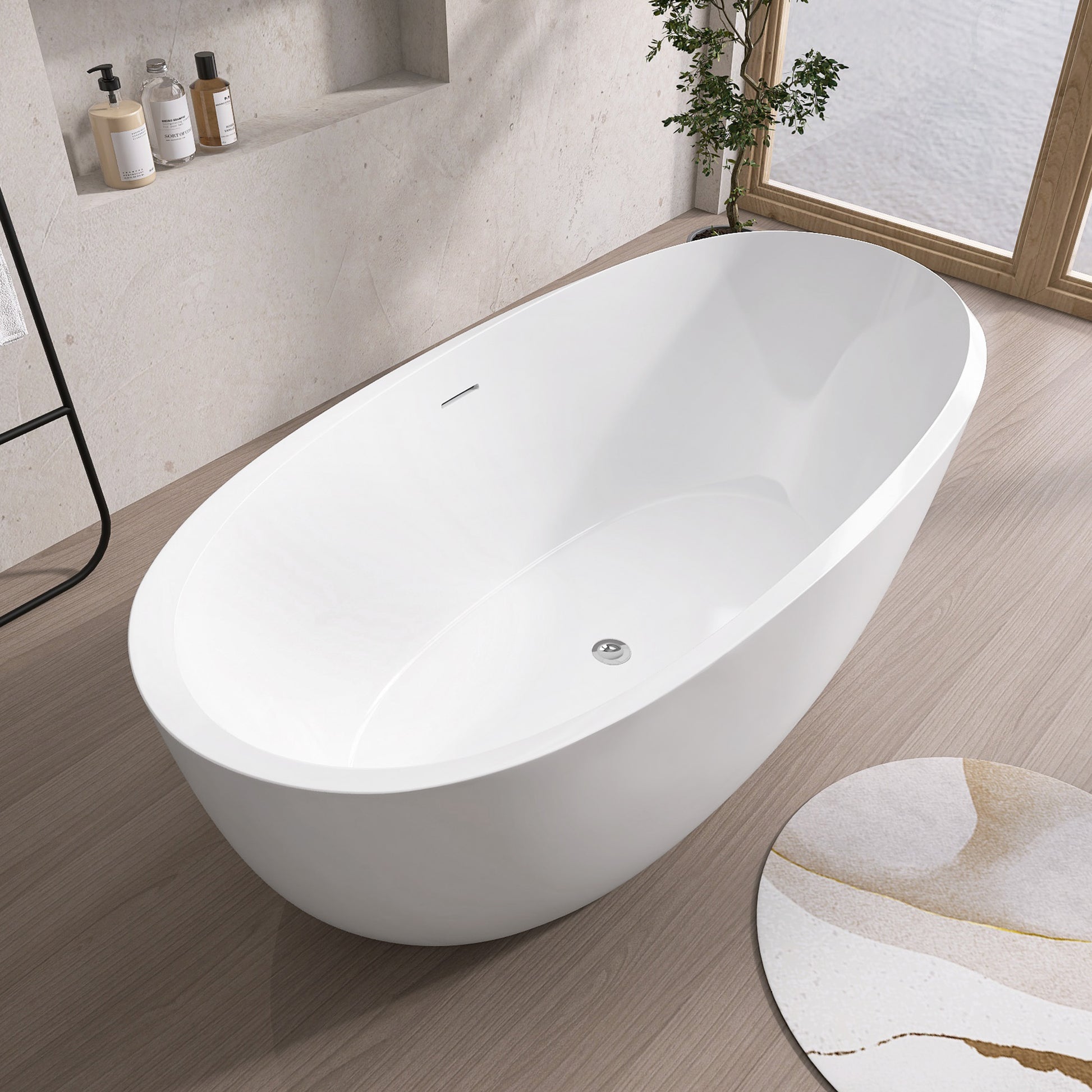 59" Acrylic Freestanding Bathtub Gloss White Modern Stand Alone Soaking Tub Adjustable With Integrated Slotted Overflow And Chrome Pop Up Drain Anti Clogging Easy To Install Gloss White Oval Bathroom Freestanding Tubs Polished 59 61 In Modern Soaking