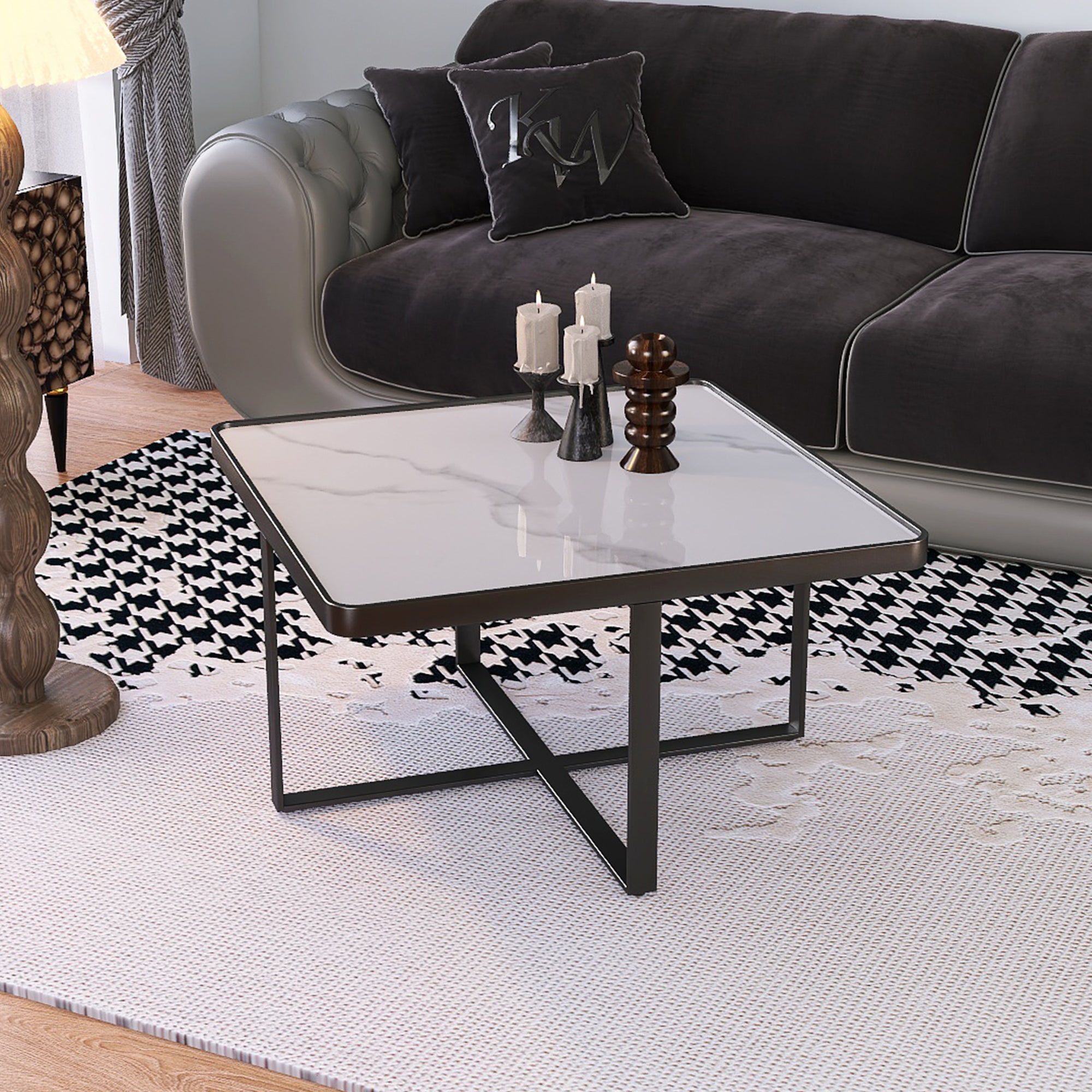 Minimalism Square Coffee Table,Black Metal Frame With Sintered Stone Tabletop Black Sintered Stone Sintered Stone