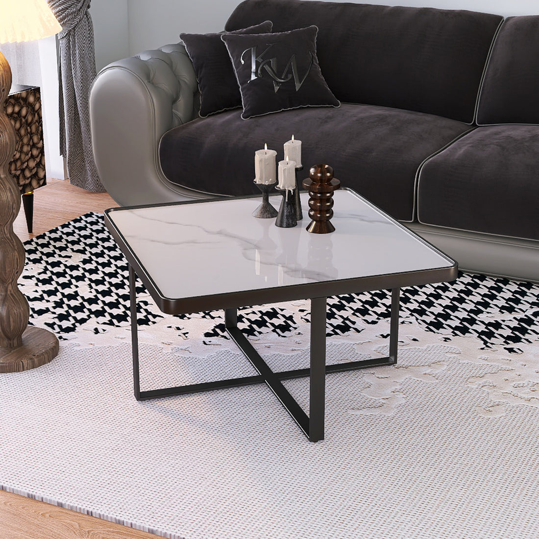 Minimalism Square Coffee Table,Black Metal Frame With Sintered Stone Tabletop Black Sintered Stone Sintered Stone