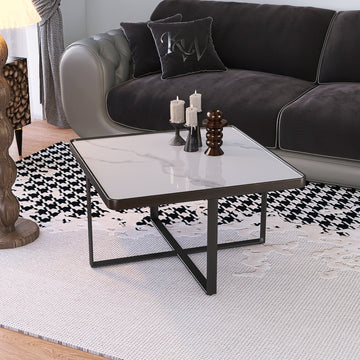 Minimalism Square Coffee Table,Black Metal Frame With Sintered Stone Tabletop Black Sintered Stone Sintered Stone