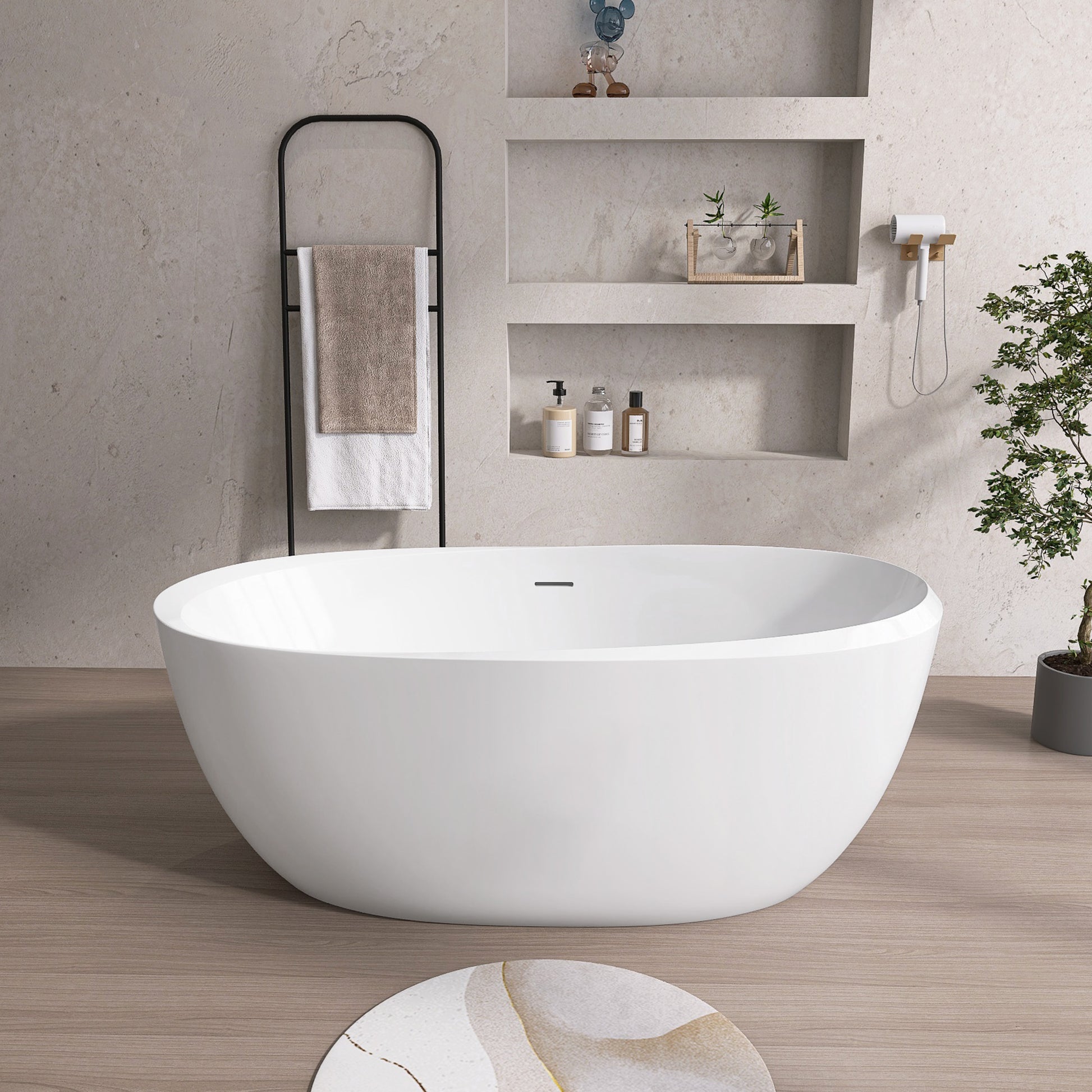 59" Acrylic Freestanding Bathtub Gloss White Modern Stand Alone Soaking Tub Adjustable With Integrated Slotted Overflow And Chrome Pop Up Drain Anti Clogging Easy To Install Gloss White Oval Bathroom Freestanding Tubs Polished 59 61 In Modern Soaking