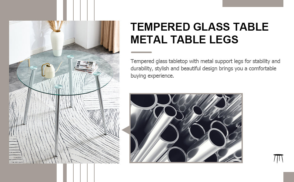 A Glass Tabletop With A Diameter Of 40 Inches And A Modern Minimalist Circular Dining Table With Electroplated Silver Metal Legs. Suitable For Restaurants, Living Rooms. W1151S00377 Dt 1164 Transparent Glass