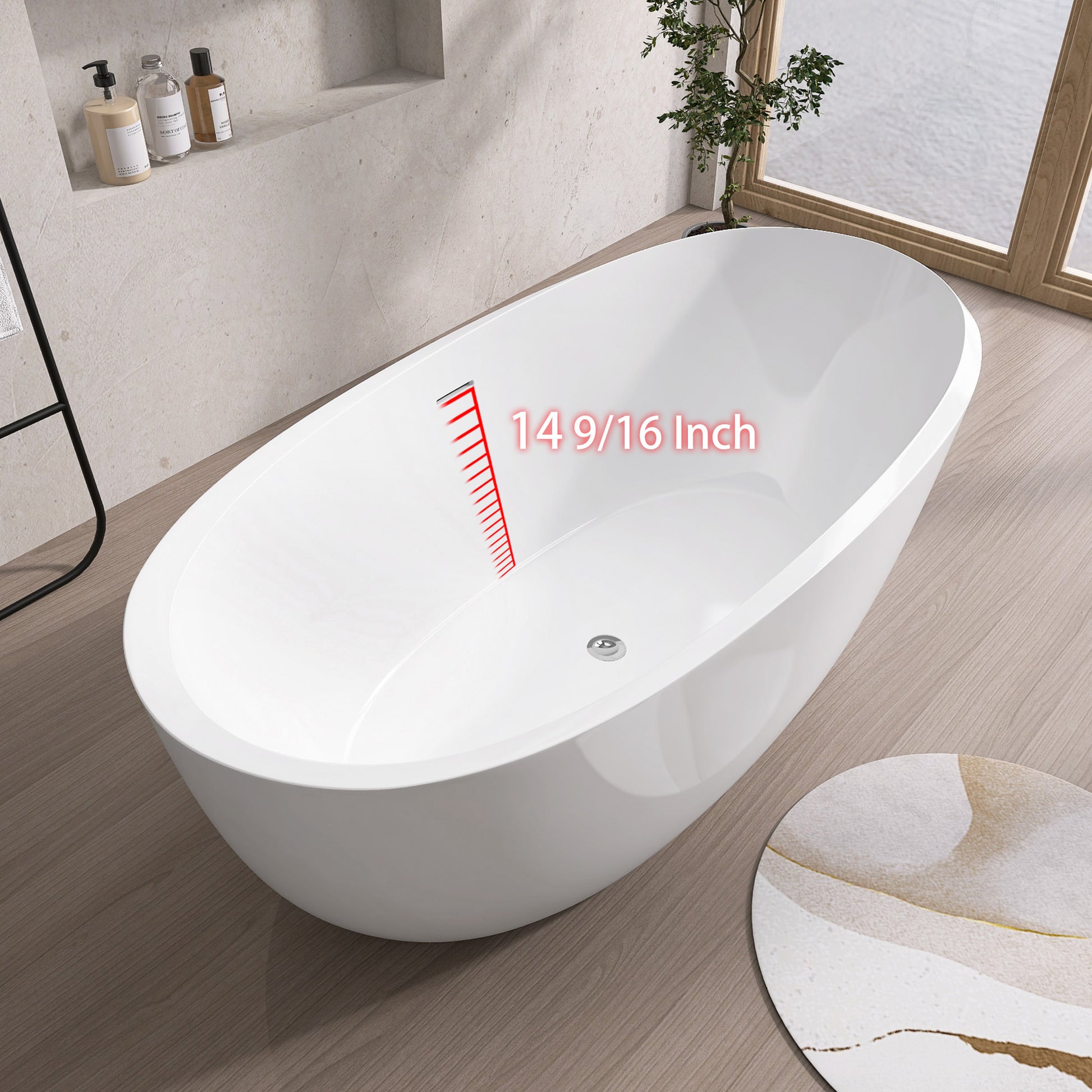 59" Acrylic Freestanding Bathtub Gloss White Modern Stand Alone Soaking Tub Adjustable With Integrated Slotted Overflow And Chrome Pop Up Drain Anti Clogging Easy To Install Gloss White Oval Bathroom Freestanding Tubs Polished 59 61 In Modern Soaking