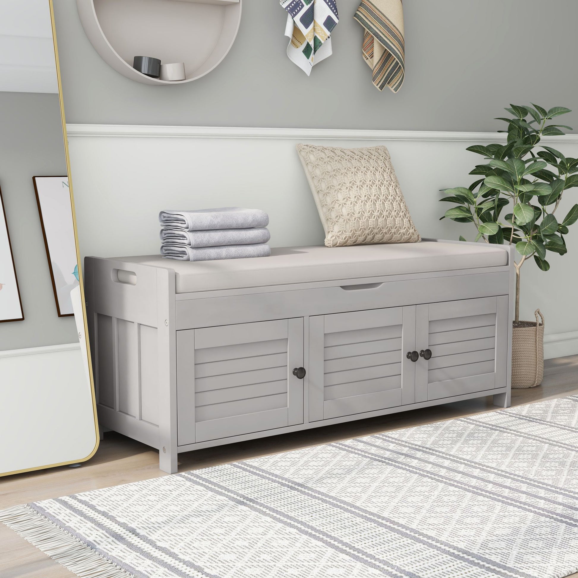 Storage Bench With 3 Shutter Shaped Doors, Shoe Bench With Removable Cushion And Hidden Storage Space Gray Wash, Old Sku: Wf284226Aae Gray Wash Mdf