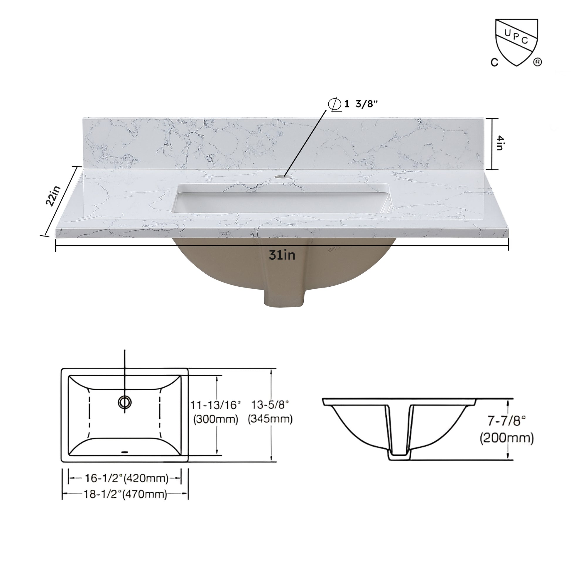 31"X 22" Bathroom Stone Vanity Top Carrara Jade Engineered Marble Color With Undermount Ceramic Sink And Single Faucet Hole With Backsplash White Stone