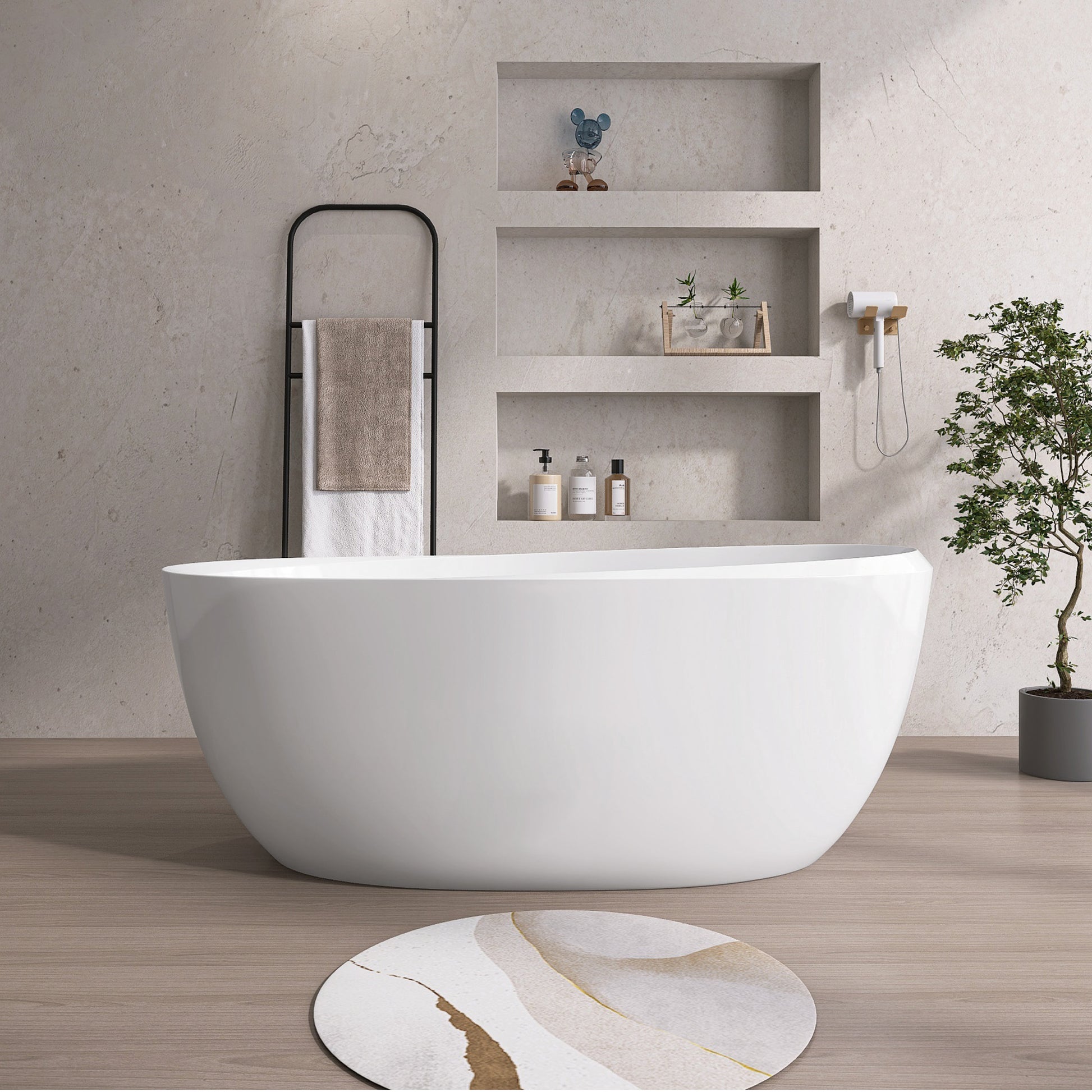 59" Acrylic Freestanding Bathtub Gloss White Modern Stand Alone Soaking Tub Adjustable With Integrated Slotted Overflow And Chrome Pop Up Drain Anti Clogging Easy To Install Gloss White Oval Bathroom Freestanding Tubs Polished 59 61 In Modern Soaking