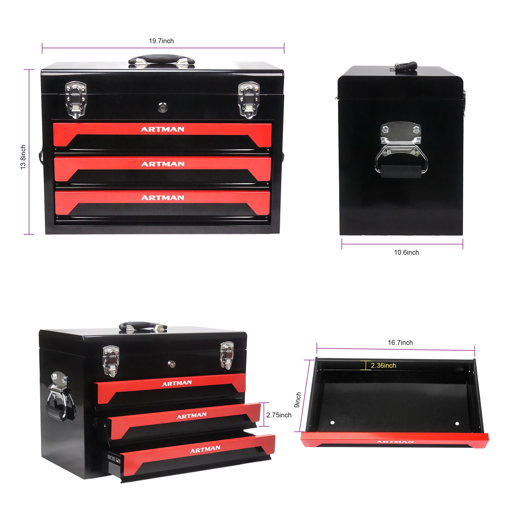 3 Drawers Tool Box - Black Red Steel