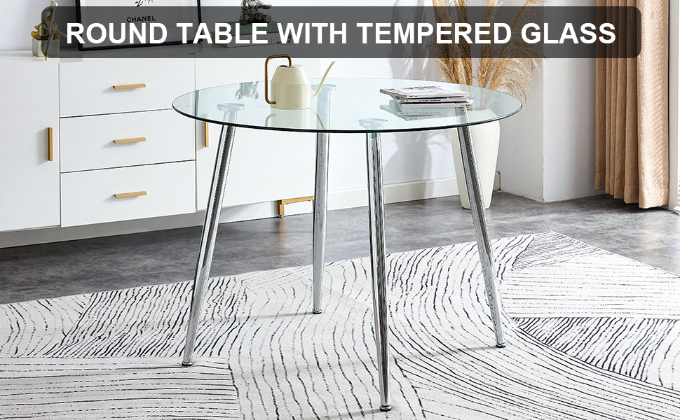 A Glass Tabletop With A Diameter Of 40 Inches And A Modern Minimalist Circular Dining Table With Electroplated Silver Metal Legs. Suitable For Restaurants, Living Rooms. W1151S00377 Dt 1164 Transparent Glass