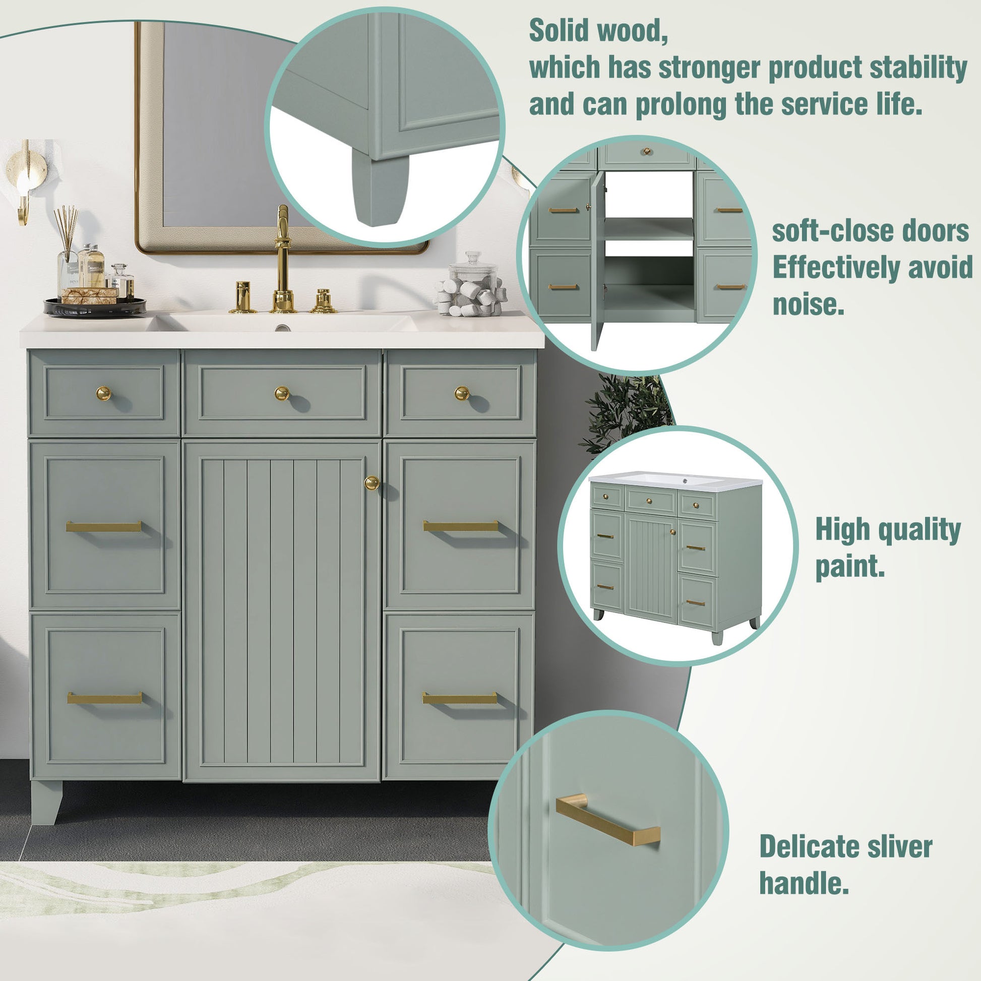 36" Bathroom Vanity Cabinet With Sink Top Combo Set, Green, Single Sink, Shaker Cabinet With Soft Closing Door And Drawer Green Solid Wood Mdf Resin