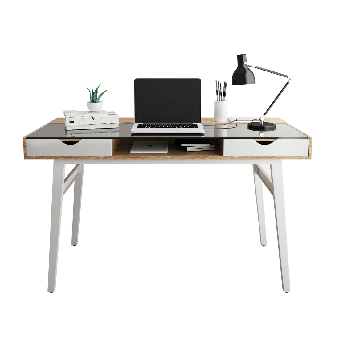 Techni Mobili Compact Computer Desk with Multiple walnut-steel-solid wood