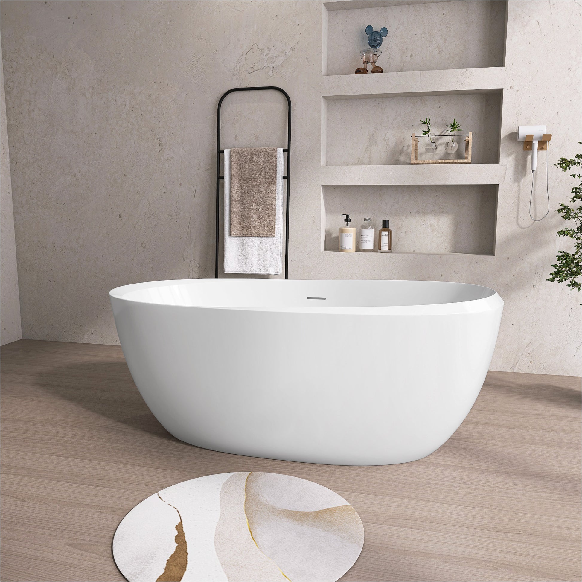 59" Acrylic Freestanding Bathtub Gloss White Modern Stand Alone Soaking Tub Adjustable With Integrated Slotted Overflow And Chrome Pop Up Drain Anti Clogging Easy To Install Gloss White Oval Bathroom Freestanding Tubs Polished 59 61 In Modern Soaking