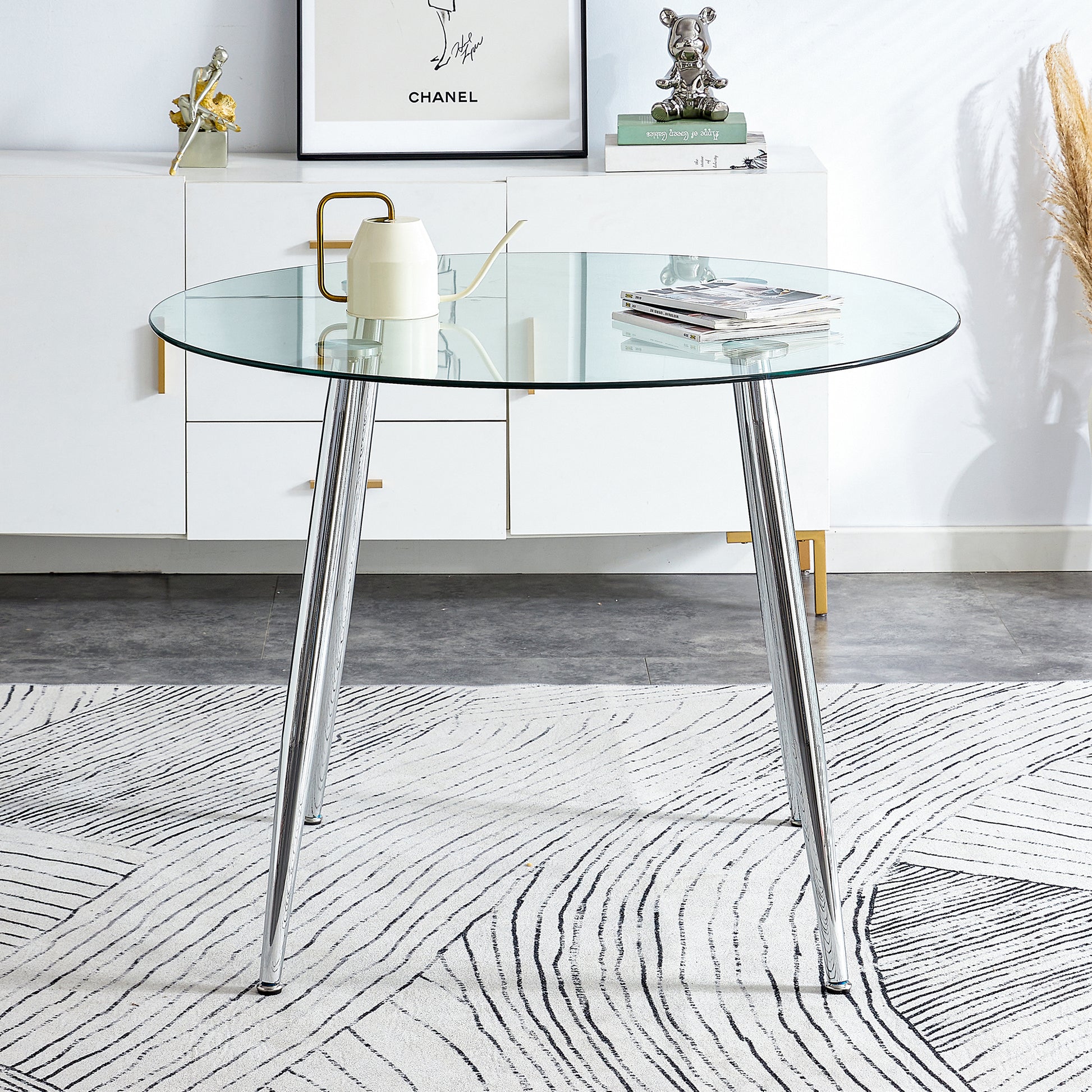 A Glass Tabletop With A Diameter Of 40 Inches And A Modern Minimalist Circular Dining Table With Electroplated Silver Metal Legs. Suitable For Restaurants, Living Rooms. W1151S00377 Dt 1164 Transparent Glass