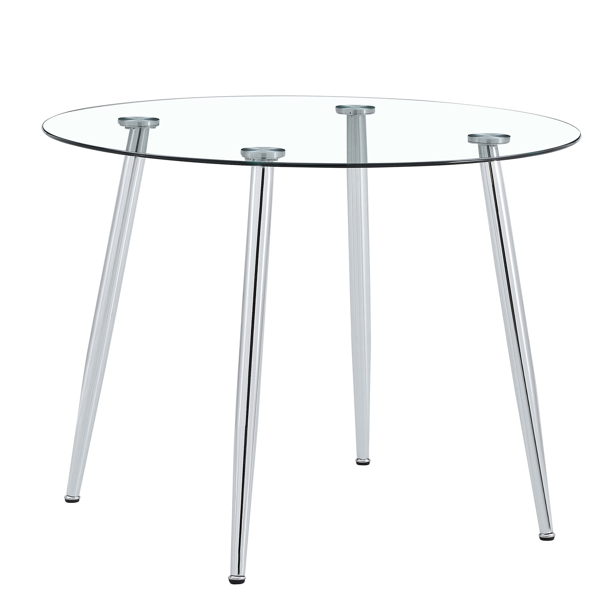 A Glass Tabletop With A Diameter Of 40 Inches And A Modern Minimalist Circular Dining Table With Electroplated Silver Metal Legs. Suitable For Restaurants, Living Rooms, And Conference Rooms.Dt 1164 Transparent Glass