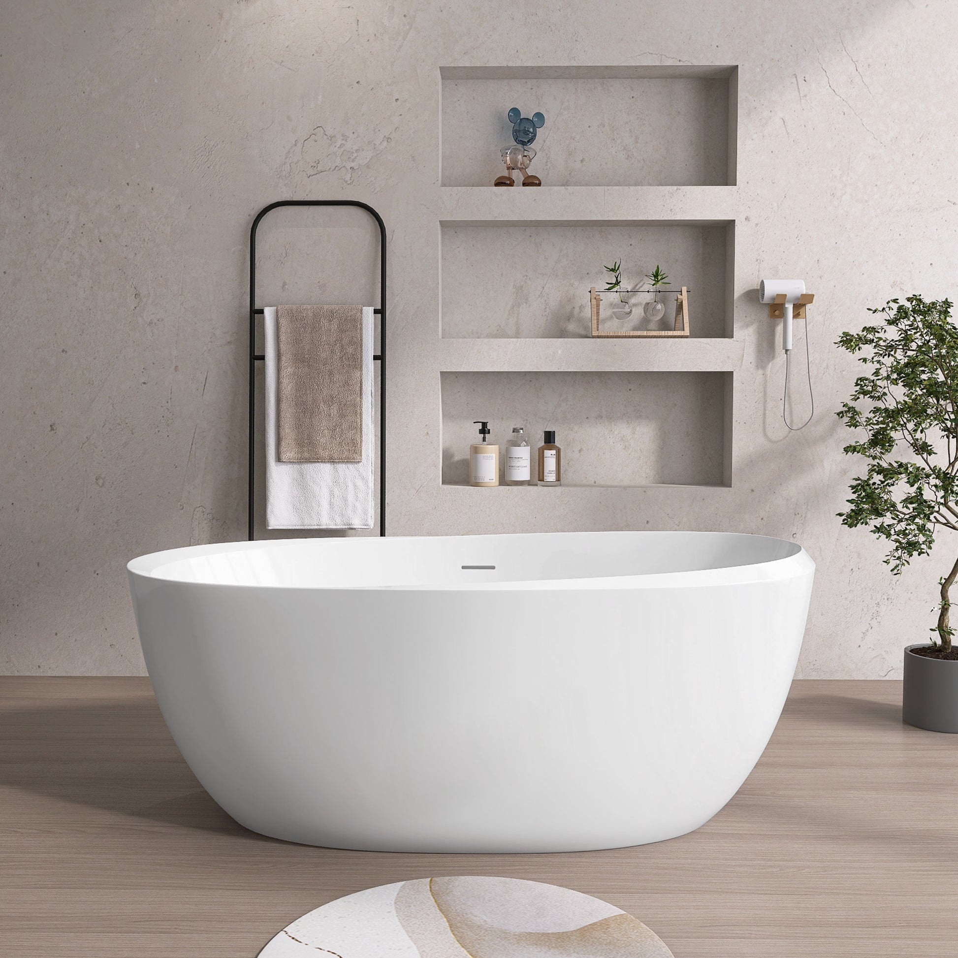 59" Acrylic Freestanding Bathtub Gloss White Modern Stand Alone Soaking Tub Adjustable With Integrated Slotted Overflow And Chrome Pop Up Drain Anti Clogging Easy To Install Gloss White Oval Bathroom Freestanding Tubs Polished 59 61 In Modern Soaking