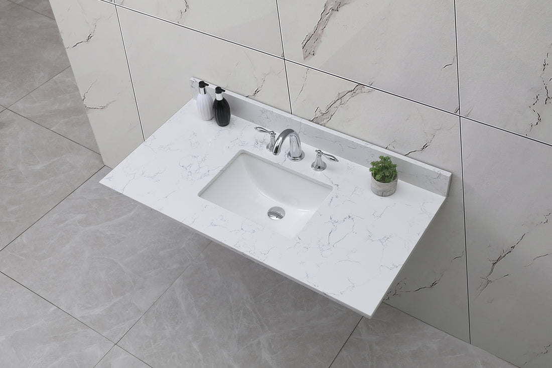 43"X 22" Bathroom Stone Vanity Top Carrara Jade Engineered Marble Color With Undermount Ceramic Sink And 3 Faucet Hole With Backsplash White Stone