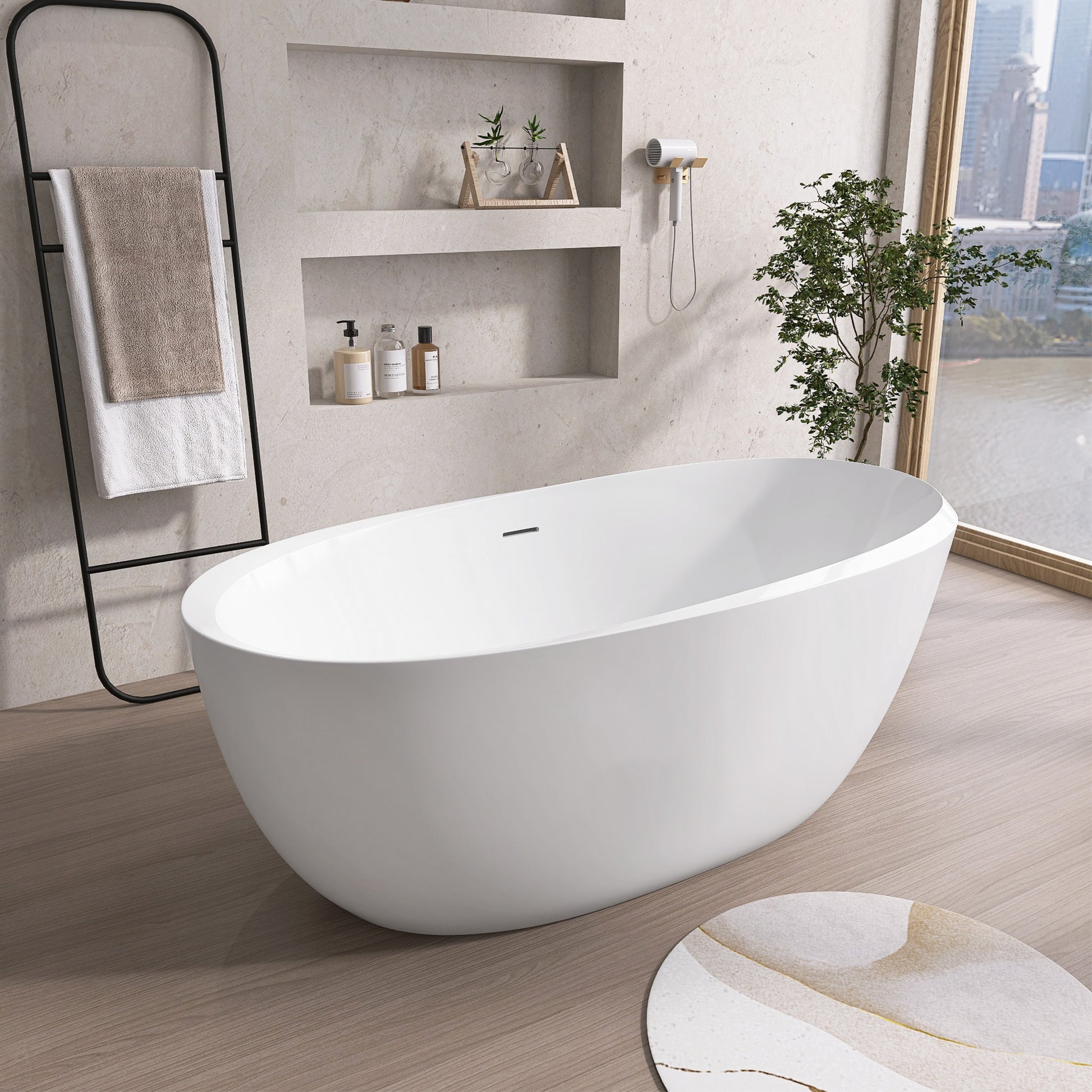 59" Acrylic Freestanding Bathtub Gloss White Modern Stand Alone Soaking Tub Adjustable With Integrated Slotted Overflow And Chrome Pop Up Drain Anti Clogging Easy To Install Gloss White Oval Bathroom Freestanding Tubs Polished 59 61 In Modern Soaking