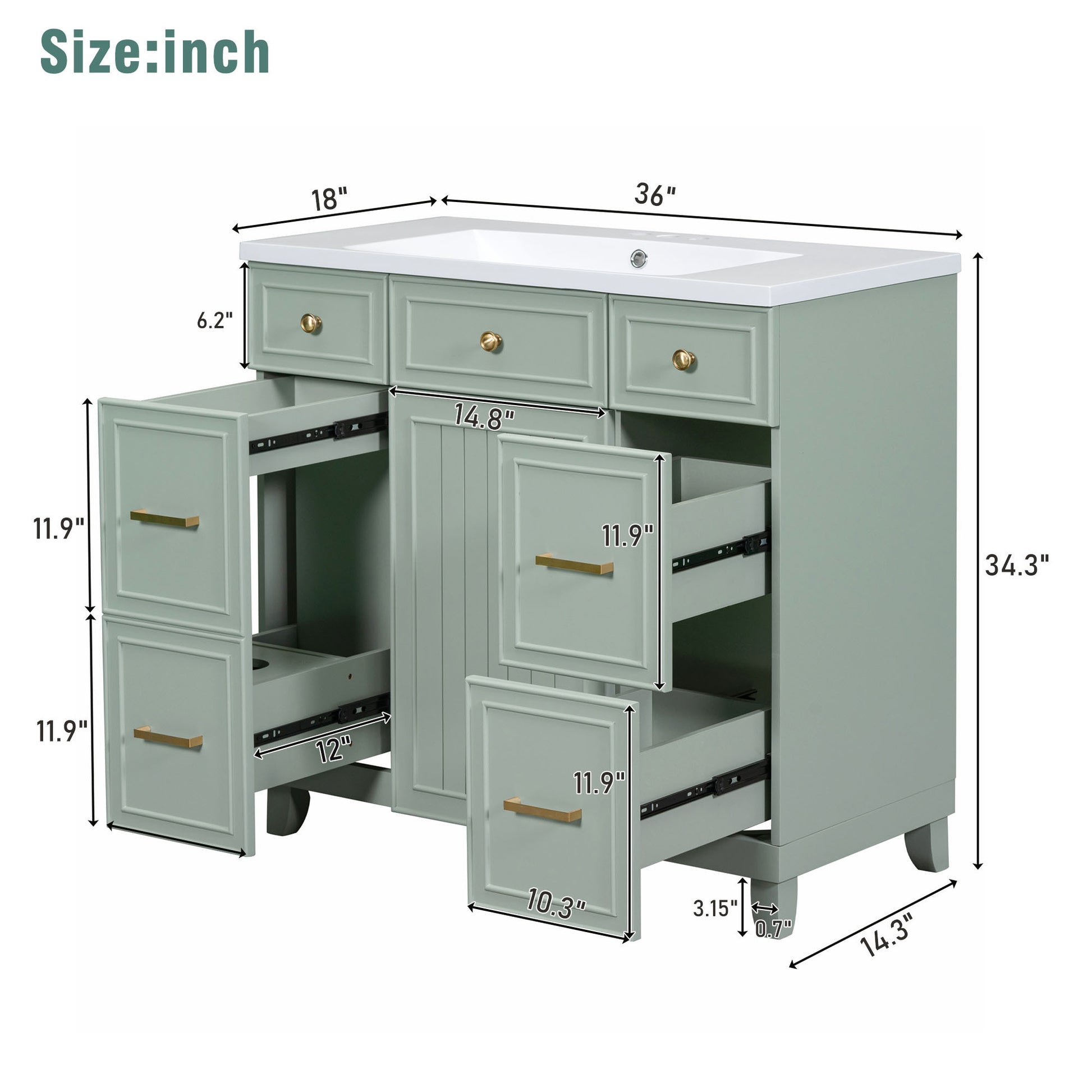 36" Bathroom Vanity Cabinet With Sink Top Combo Set, Green, Single Sink, Shaker Cabinet With Soft Closing Door And Drawer Green Solid Wood Mdf Resin