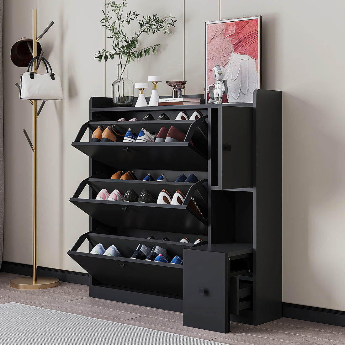 Versatile Shoe Cabinet With 3 Flip Drawers, Maximum Storage Entryway Organizer With Drawer, Free Standing Shoe Rack With Pull Down Seat For Hallway, Black Freestanding 3 4 Drawers Black Primary Living Space Adjustable Shelves Particle Board